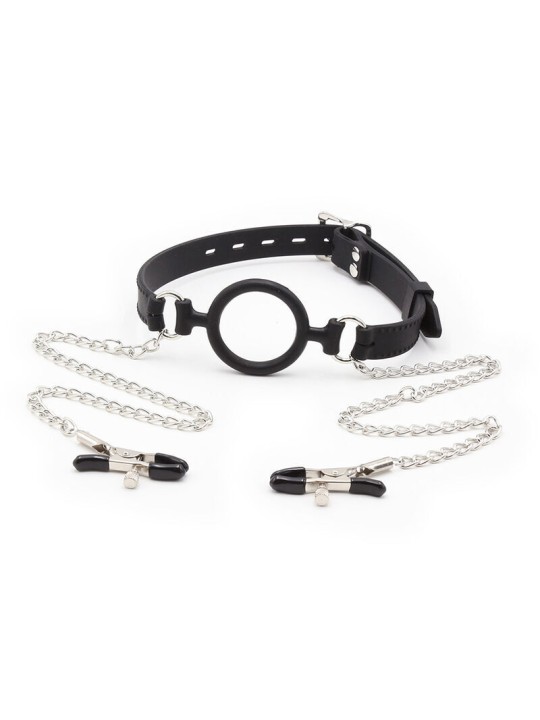 OHMAMA FETISH MORDAZA DE ANILLA CON CADENAS Y PINZAS PEZONES