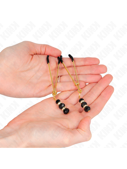 KINK PINZAS PARA PEZONES DORADA FINA CON TRIPLE BOLA DE VIDRIO NEGRO 7 CM