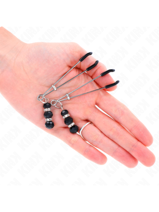 KINK PINZAS PARA PEZONES PLATEADA FINA CON TRIPLE BOLA DE VIDRIO NEGRO 7 CM