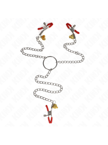 KINK PINZAS PARA PEZONES Y CLITORIS ROJAS CON CASCABEL DORADO Y CADENA 30 CM