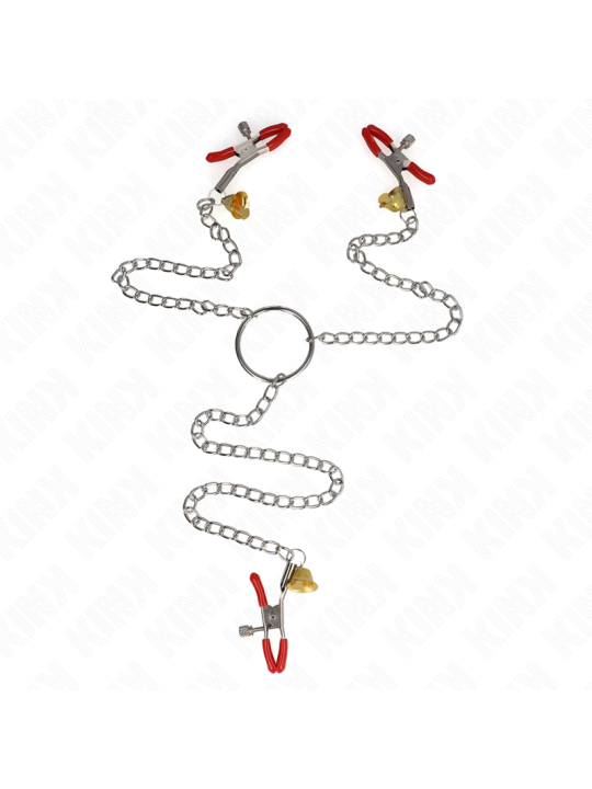 KINK PINZAS PARA PEZONES Y CLITORIS ROJAS CON CASCABEL DORADO Y CADENA 30 CM