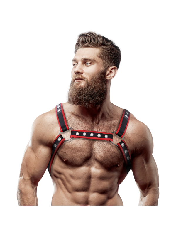 FETISH SUBMISSIVE ATTITUDE ARNES BULLDOG ECOPIEL PECHO HOMBRE NEGRO ROJO