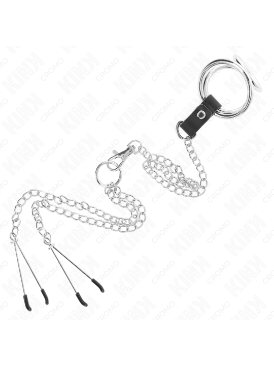 KINK ANILLO PENE TRIPLE METAL CROMADO 38 CM A 5 CM CADENA METAL 26 CM Y PINZAS PARA PEZONES MODELO 2