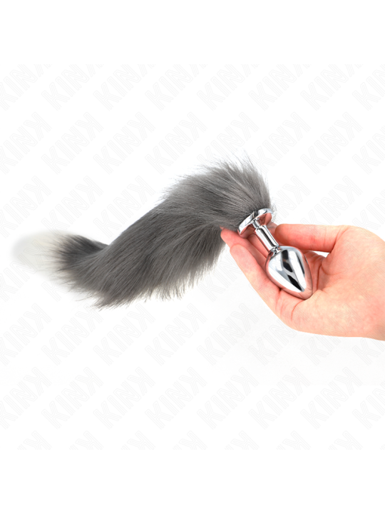 KINK PLUG ANAL TALLA M 8 X 35 CM CON COLA SINTETICA 40 CM PLATEADO Y BLANCO