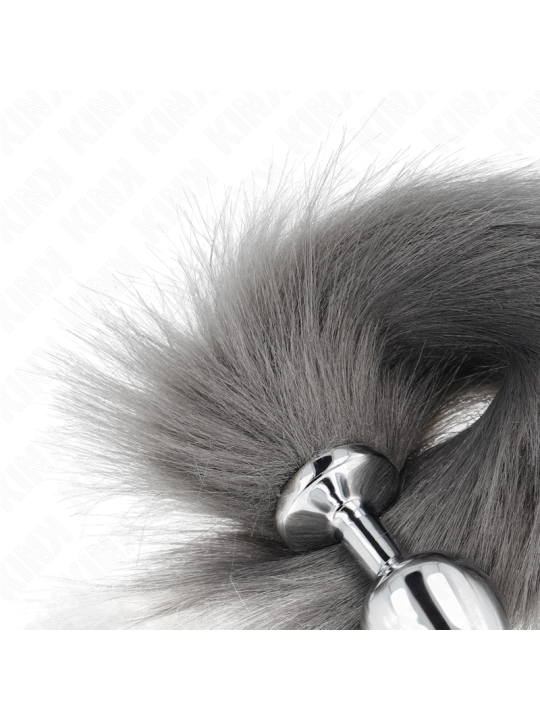 KINK PLUG ANAL TALLA M 8 X 35 CM CON COLA SINTETICA 40 CM PLATEADO Y BLANCO