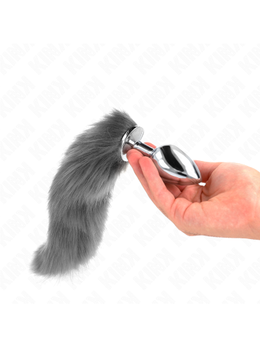 KINK PLUG ANAL TALLA L 10 X 4 CM CON COLA SINTETICA 40 CM PLATEADO Y BLANCO