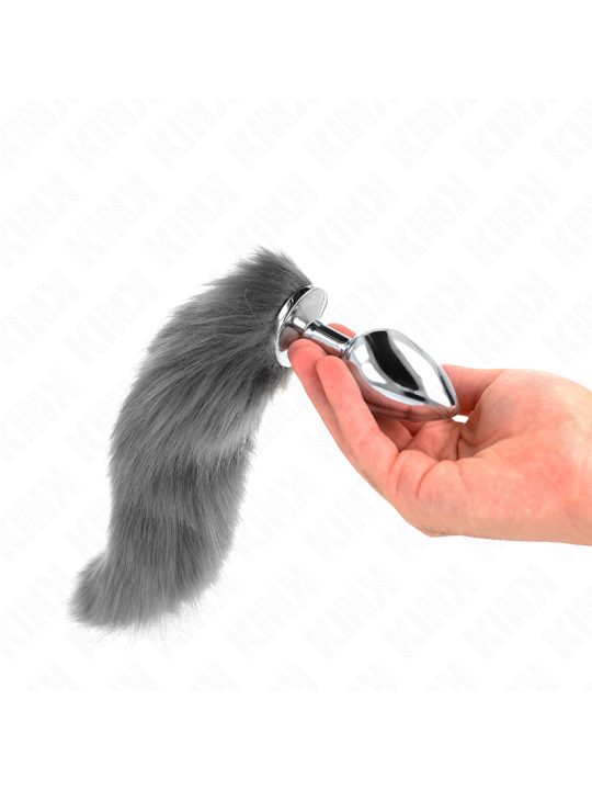 KINK PLUG ANAL TALLA L 10 X 4 CM CON COLA SINTETICA 40 CM PLATEADO Y BLANCO