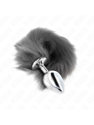 KINK PLUG ANAL TALLA L 10 X 4 CM CON COLA SINTETICA 40 CM PLATEADO Y BLANCO