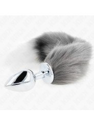 KINK PLUG ANAL TALLA L 10 X 4 CM CON COLA SINTETICA 40 CM PLATEADO Y BLANCO