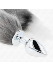 KINK PLUG ANAL TALLA L 10 X 4 CM CON COLA SINTETICA 40 CM PLATEADO Y BLANCO