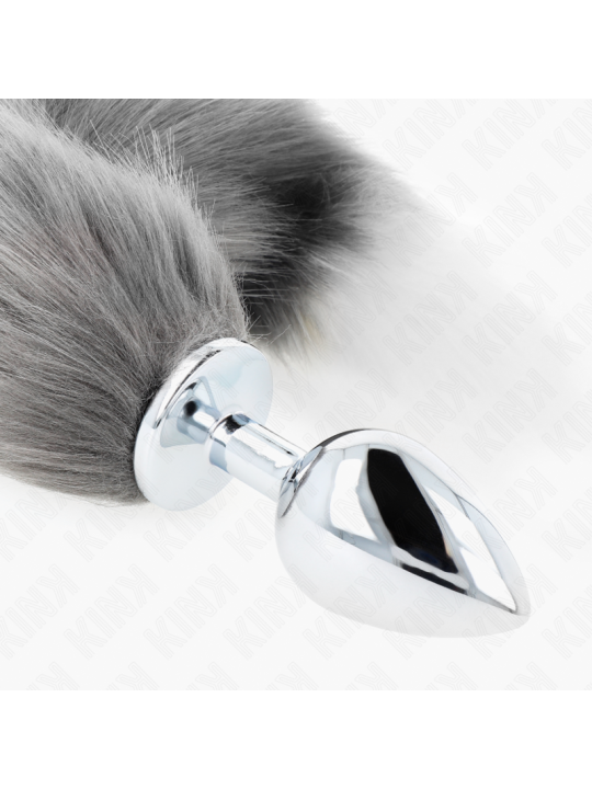 KINK PLUG ANAL TALLA L 10 X 4 CM CON COLA SINTETICA 40 CM PLATEADO Y BLANCO