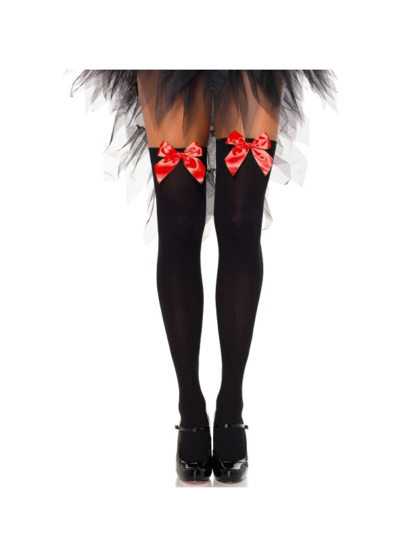 LEG AVENUE MEDIAS ALTAS NEGRAS CON LACITO ROJO TALLA UNICA