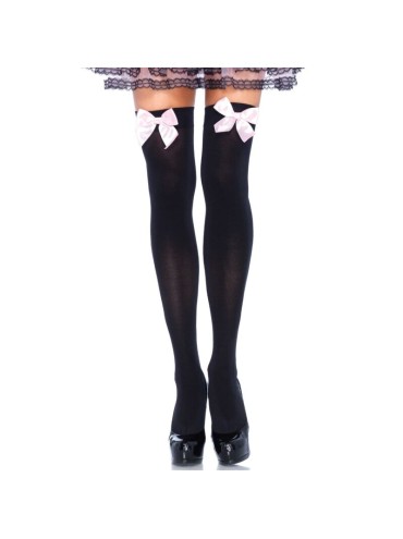 LEG AVENUE MEDIAS ALTAS NEGRAS CON LACITO ROSA TALLA UNICA