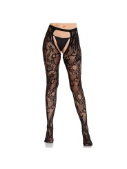 LEG AVENUE MEDIAS DE ENCAJE DE ROSAS CON PARTE TRASERA ABIERTA NEGRO