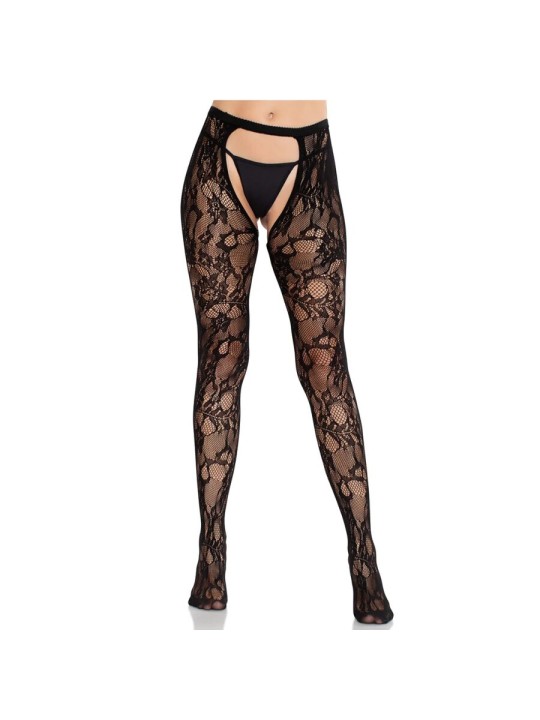 LEG AVENUE MEDIAS DE ENCAJE DE ROSAS CON PARTE TRASERA ABIERTA NEGRO