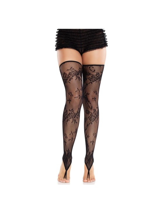 LEG AVENUE MEDIAS SIN PIES DE ENCAJE FLORAL NEGRO