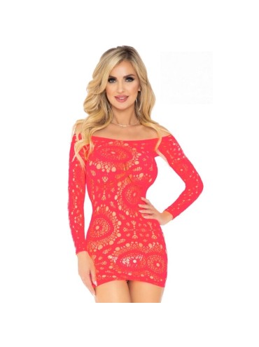 LEG AVENUE MINI VESTIDO DE ENCAJES MANGA LARGA ROJO TALLA UNICA