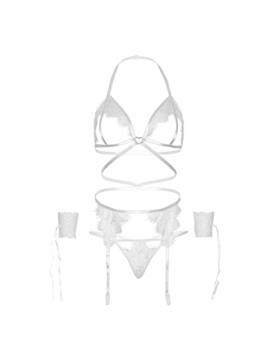 LEG AVENUE SET CUATRO PIEZAS SUJETADOR LIGUERO TANGA Y PUNOS TALLA UNICA NEGRO