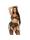 LEG AVENUE SET TRES PIEZAS SUJETADOR TANGA Y MEDIAS TALLA UNICA NEGRO
