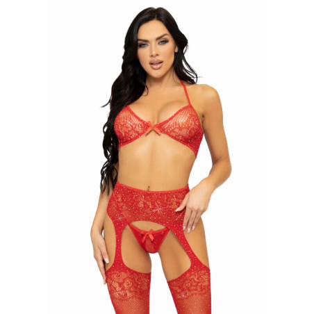 LEG AVENUE SET TRES PIEZAS SUJETADOR TANGA Y MEDIAS TALLA UNICA NEGRO