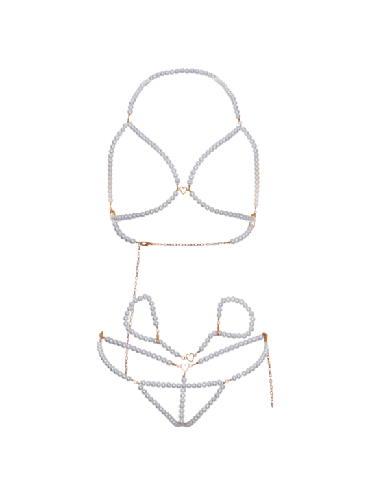 LEG AVENUE SET SUJETADOR MUNEQUERAS TANGA PERLA