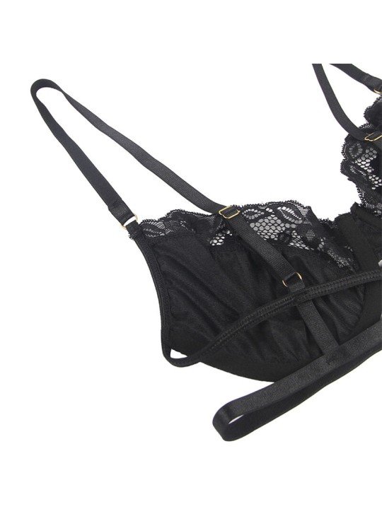 SUBBLIME SET DE 3 PIEZAS SUJETADOR TANGA LIGA ENCAJE NEGRO S M