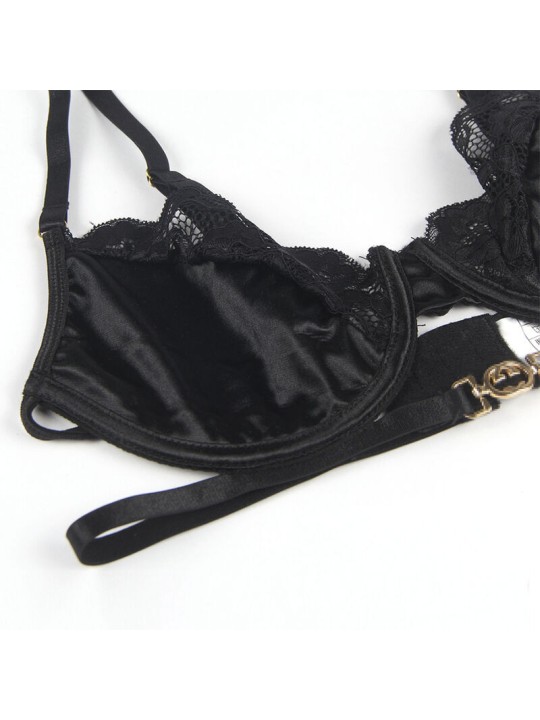 SUBBLIME SET DE 3 PIEZAS SUJETADOR TANGA LIGA ENCAJE NEGRO S M