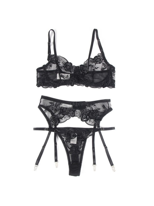 SUBBLIME SET DE 3 PIEZAS SUJETADOR TANGA LIGA ESTAMPADO FLORAL NEGRO S M