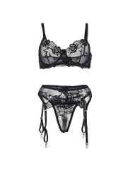 SUBBLIME SET DE 3 PIEZAS SUJETADOR TANGA LIGA ESTAMPADO FLORAL NEGRO S M