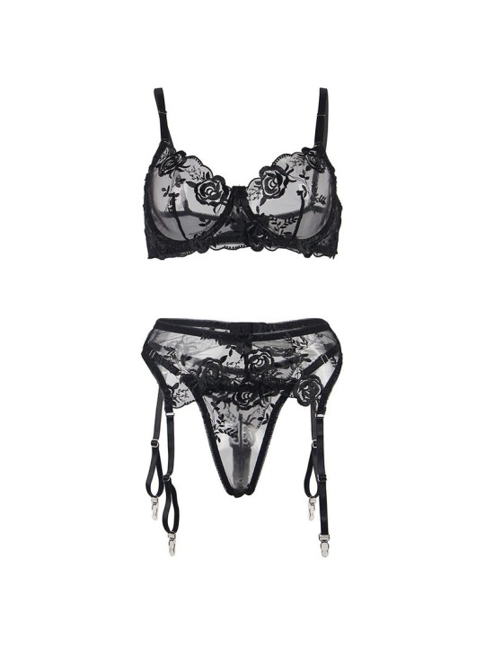 SUBBLIME SET DE 3 PIEZAS SUJETADOR TANGA LIGA ESTAMPADO FLORAL NEGRO S M
