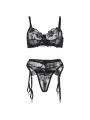 SUBBLIME SET DE 3 PIEZAS SUJETADOR TANGA LIGA ESTAMPADO FLORAL NEGRO S M