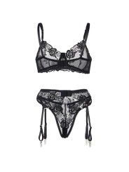 SUBBLIME SET DE 3 PIEZAS SUJETADOR TANGA LIGA ESTAMPADO FLORAL NEGRO S M
