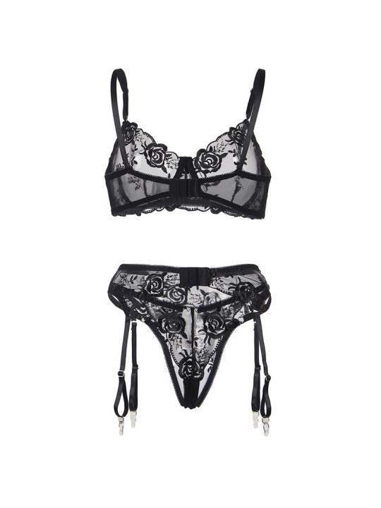 SUBBLIME SET DE 3 PIEZAS SUJETADOR TANGA LIGA ESTAMPADO FLORAL NEGRO S M