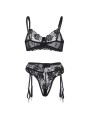 SUBBLIME SET DE 3 PIEZAS SUJETADOR TANGA LIGA ESTAMPADO FLORAL NEGRO S M