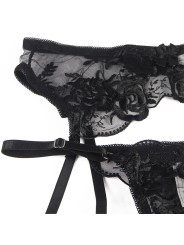 SUBBLIME SET DE 3 PIEZAS SUJETADOR TANGA LIGA ESTAMPADO FLORAL NEGRO S M