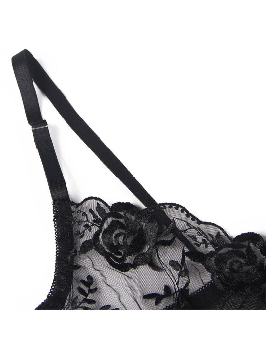 SUBBLIME SET DE 3 PIEZAS SUJETADOR TANGA LIGA ESTAMPADO FLORAL NEGRO S M