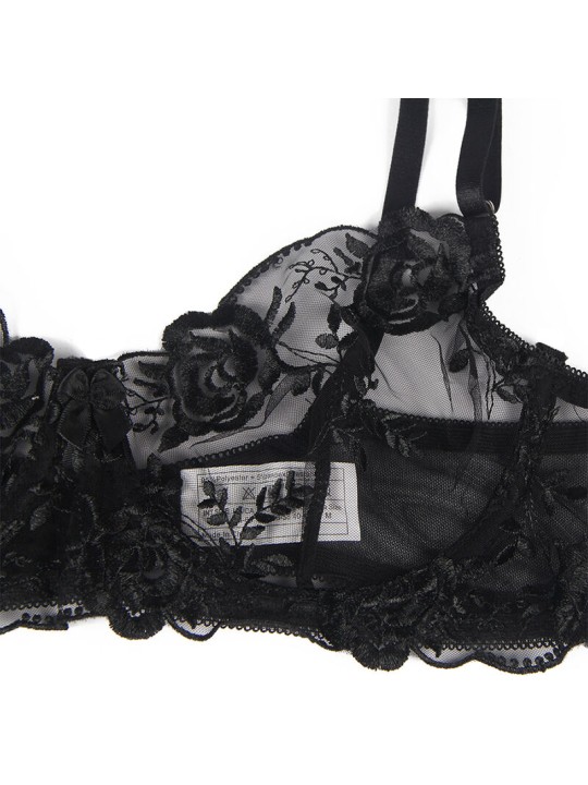 SUBBLIME SET DE 3 PIEZAS SUJETADOR TANGA LIGA ESTAMPADO FLORAL NEGRO S M