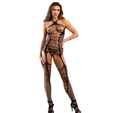 SUBBLIME 952105 BODYSTOCKING CROTCHLESS DE REJILLA CON CUELLO HALTER Y ESPALDA ABIERTA NEGRO TALLA UNICA