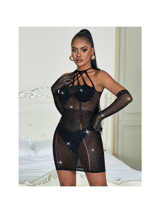 SUBBLIME 952235 VESTIDO DE REJILLA CON BRILLANTES NEGRO TALLA UNICA