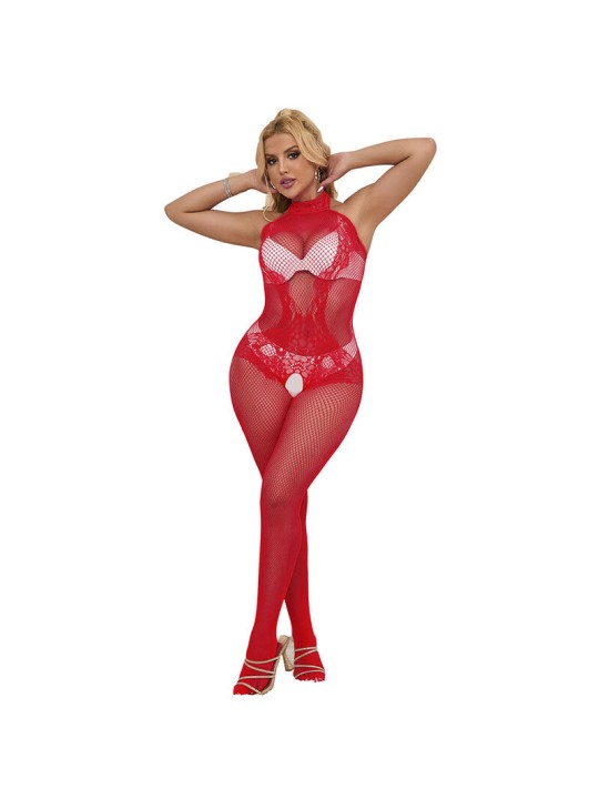 SUBBLIME 952372 BODYSTOCKING CROTCHLESS DE REJILLA Y ENCAJE CON CUELLO ALTO ROJO TALLA UNICA