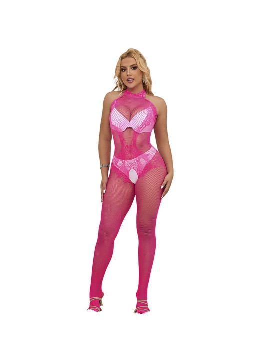 SUBBLIME 952389 BODYSTOCKING CROTCHLESS DE REJILLA Y ENCAJE CON CUELLO ALTO ROSA TALLA UNICA