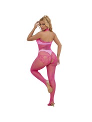 SUBBLIME 952389 BODYSTOCKING CROTCHLESS DE REJILLA Y ENCAJE CON CUELLO ALTO ROSA TALLA UNICA