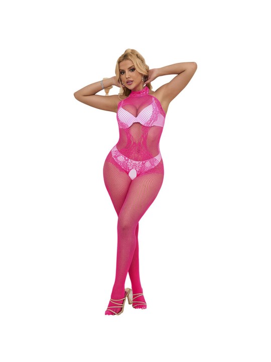 SUBBLIME 952389 BODYSTOCKING CROTCHLESS DE REJILLA Y ENCAJE CON CUELLO ALTO ROSA TALLA UNICA
