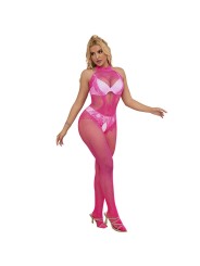 SUBBLIME 952389 BODYSTOCKING CROTCHLESS DE REJILLA Y ENCAJE CON CUELLO ALTO ROSA TALLA UNICA