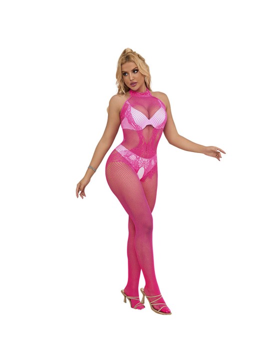 SUBBLIME 952389 BODYSTOCKING CROTCHLESS DE REJILLA Y ENCAJE CON CUELLO ALTO ROSA TALLA UNICA
