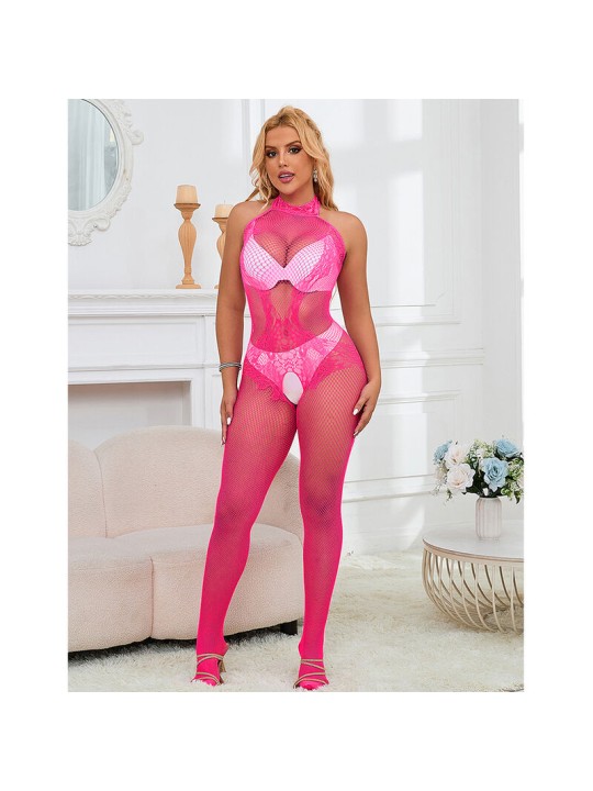 SUBBLIME 952389 BODYSTOCKING CROTCHLESS DE REJILLA Y ENCAJE CON CUELLO ALTO ROSA TALLA UNICA