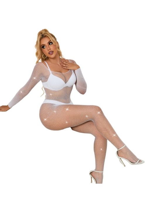 SUBBLIME 952396 BODYSTOCKING DE REJILLA CON DIAMANTES MANGA LARGA BLANCO TALLA UNICA