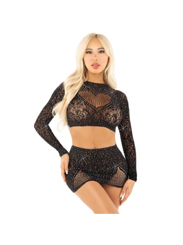 LEG AVENUE TOP FALDA DE REJILLA CON BRILLANTES NEGRO