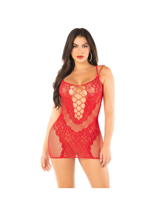 LEG AVENUE MINIVESTIDO DE REJILLA CON TIRANTES ROJO