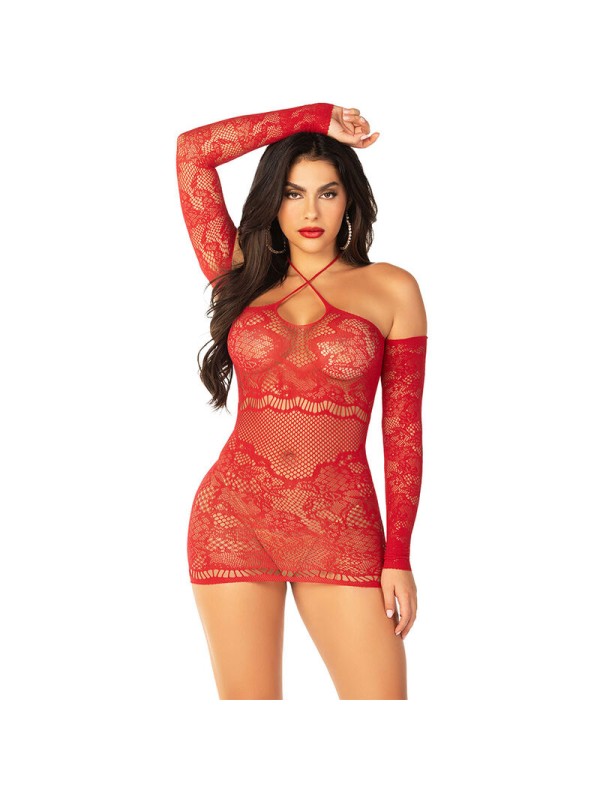 LEG AVENUE MINIVESTIDO DE REJILLA CON HOMBROS DESCUBIERTOS Y MANGA LARGA ROJO